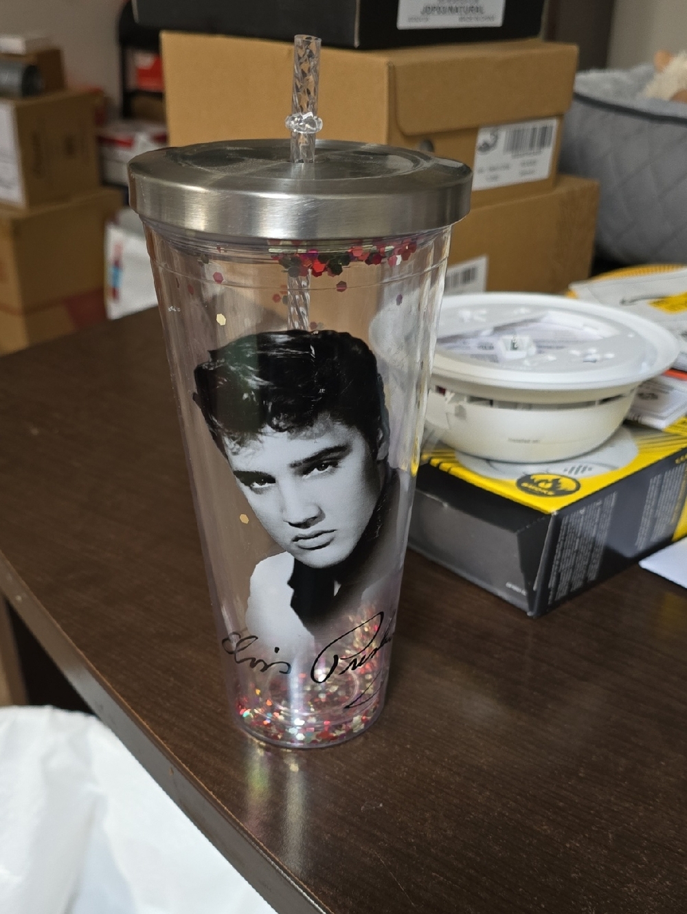 Clear Portrait Glitter Tumbler with Stainless Lid,Elvis Presley Collectors Cup!